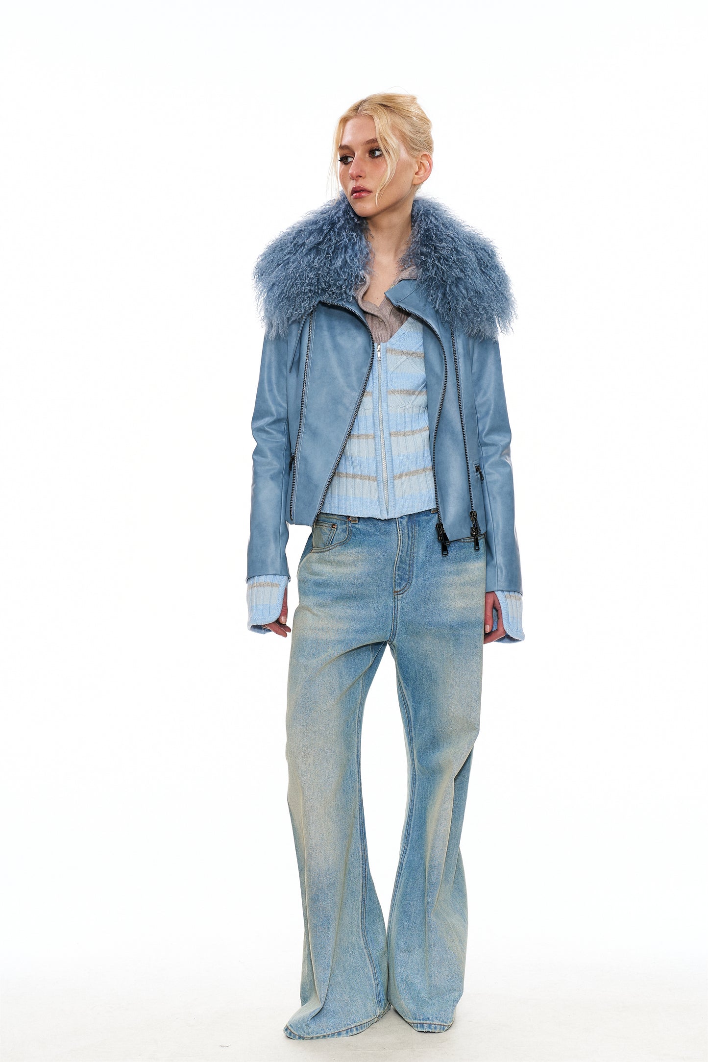 Mitty Raccoon Fur-Trimmed Leather Jacket in Blue