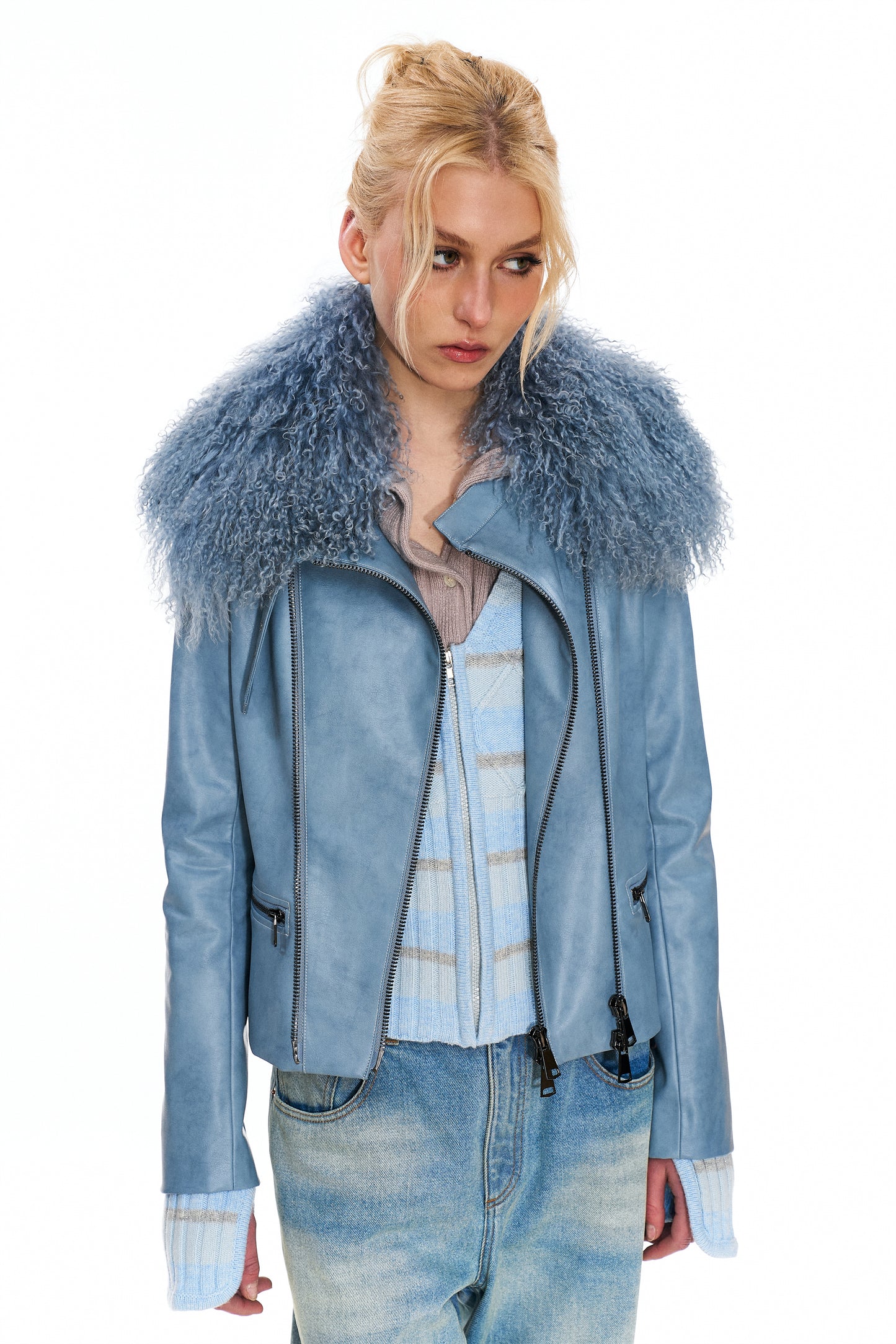 Mitty Raccoon Fur-Trimmed Leather Jacket in Blue