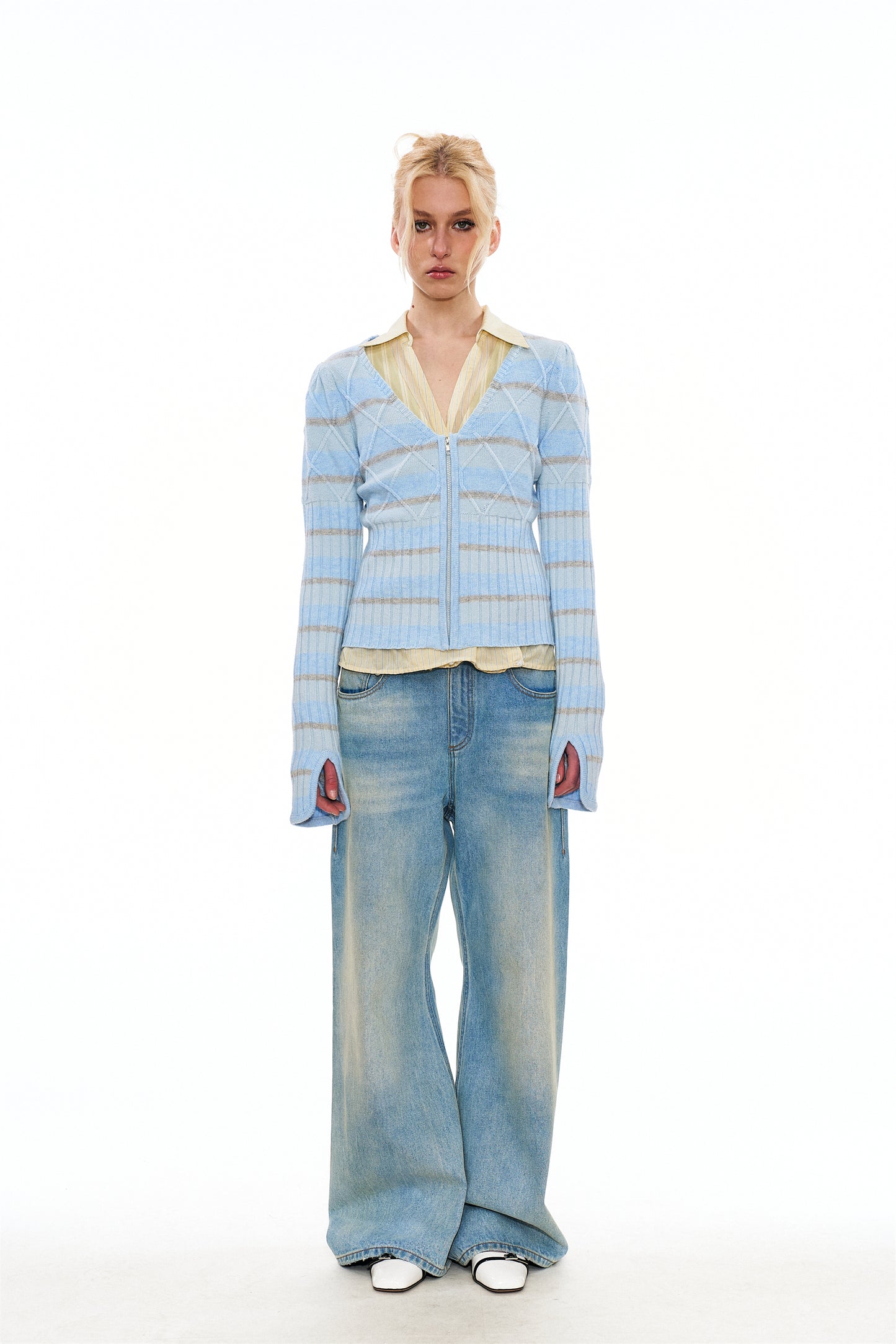 Regee Striped Knit Slim-Fit Cardigan in Blue