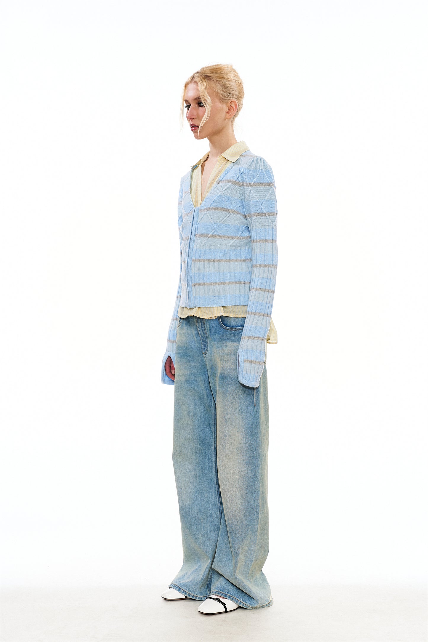 Regee Striped Knit Slim-Fit Cardigan in Blue