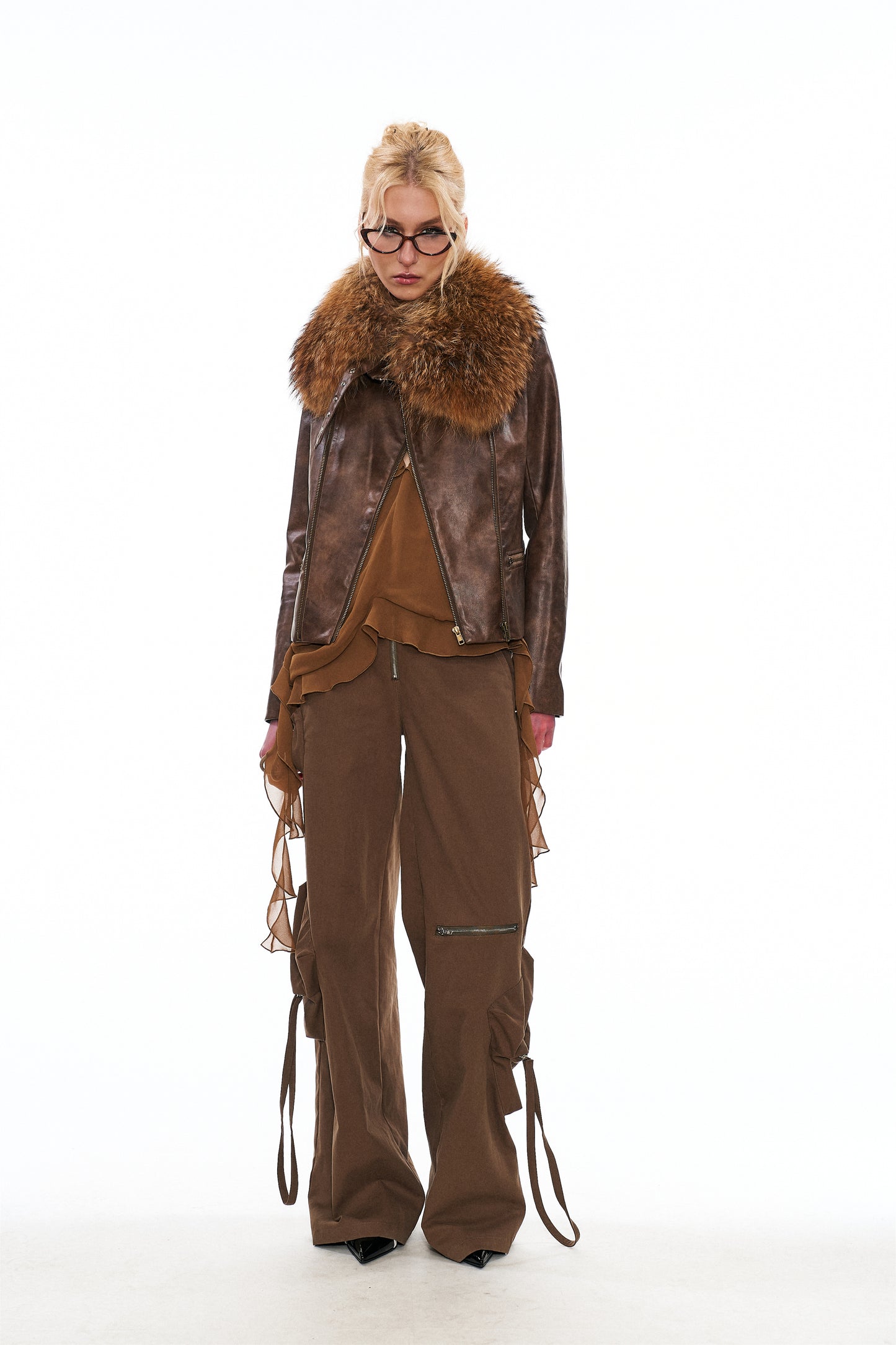 Mitty Raccoon Fur-Trimmed Leather Jacket in Brown