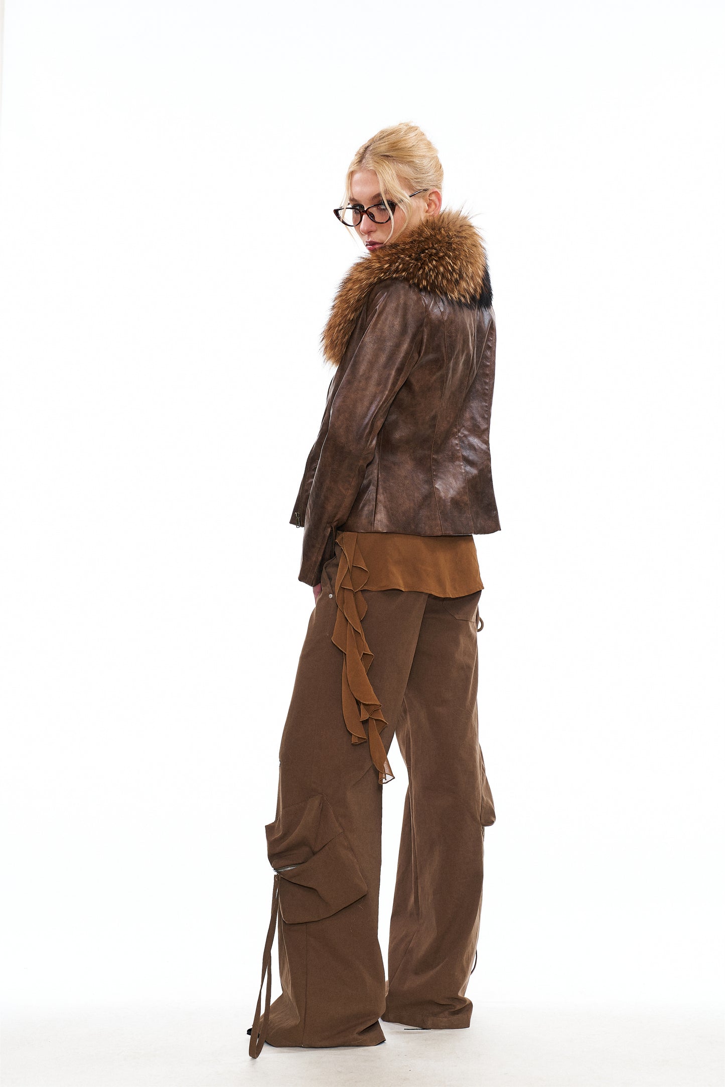 Mitty Raccoon Fur-Trimmed Leather Jacket in Brown