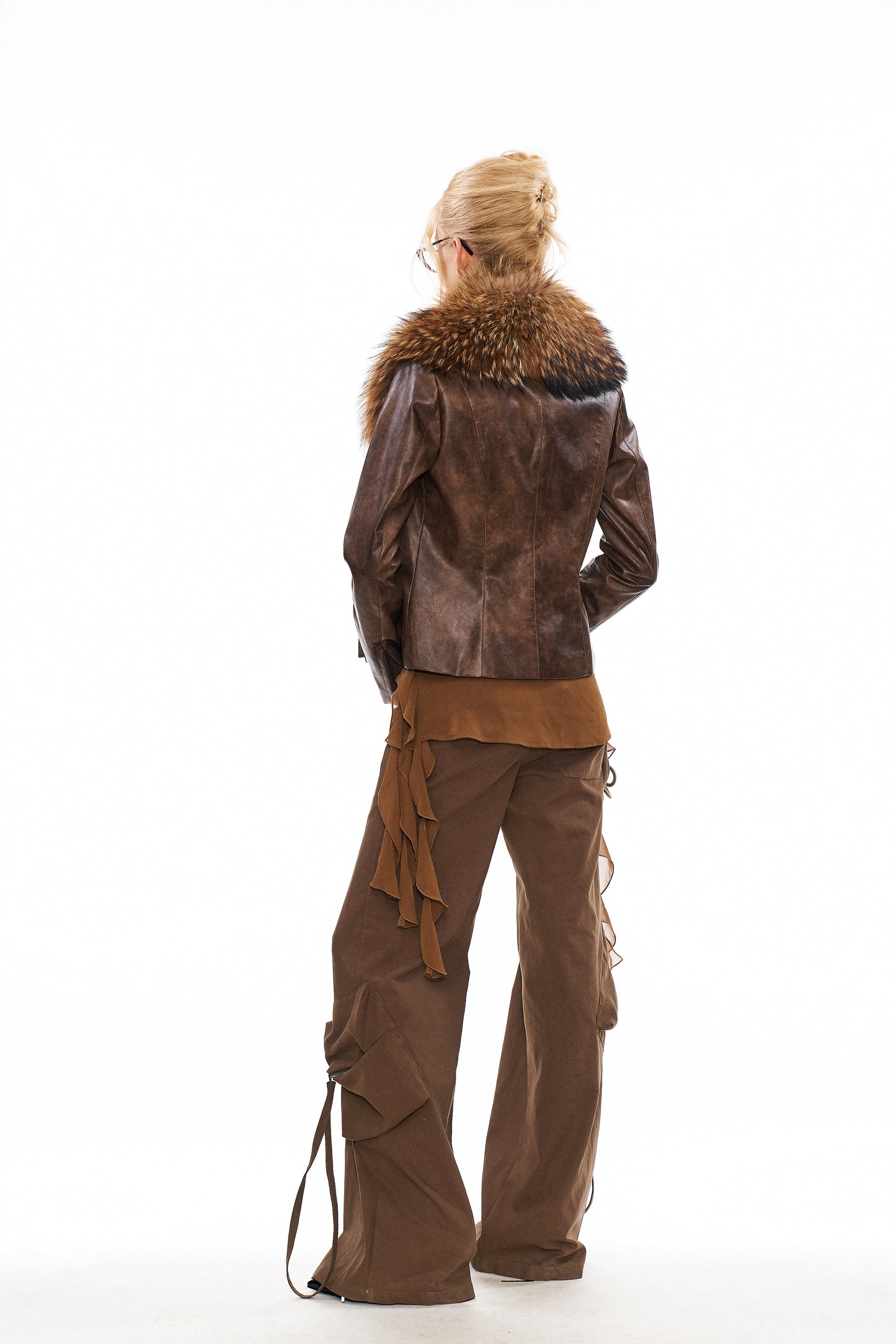 Mitty Raccoon Fur-Trimmed Leather Jacket in Brown