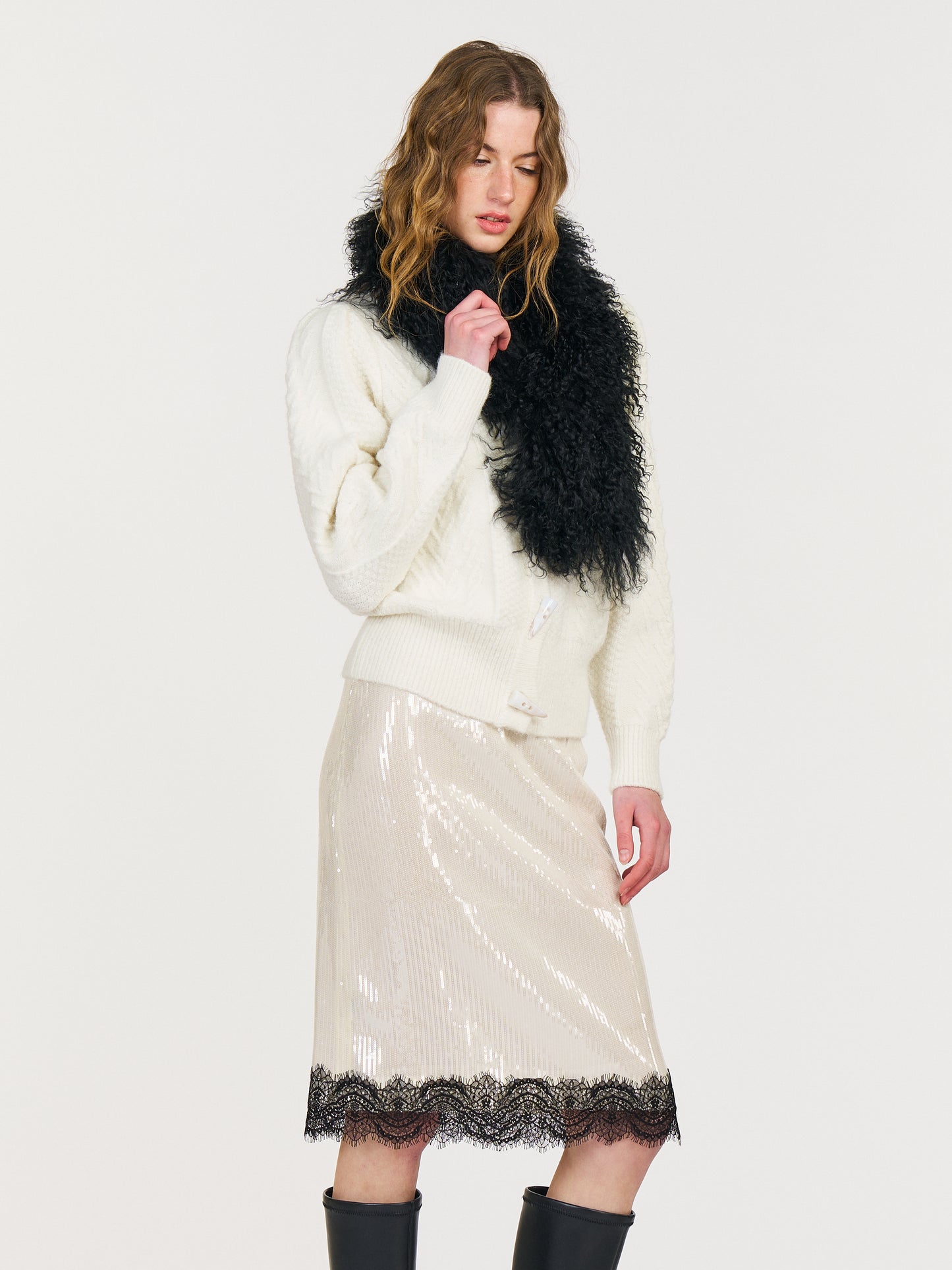 Rylee Sequin Lace Panel Midi Skirt