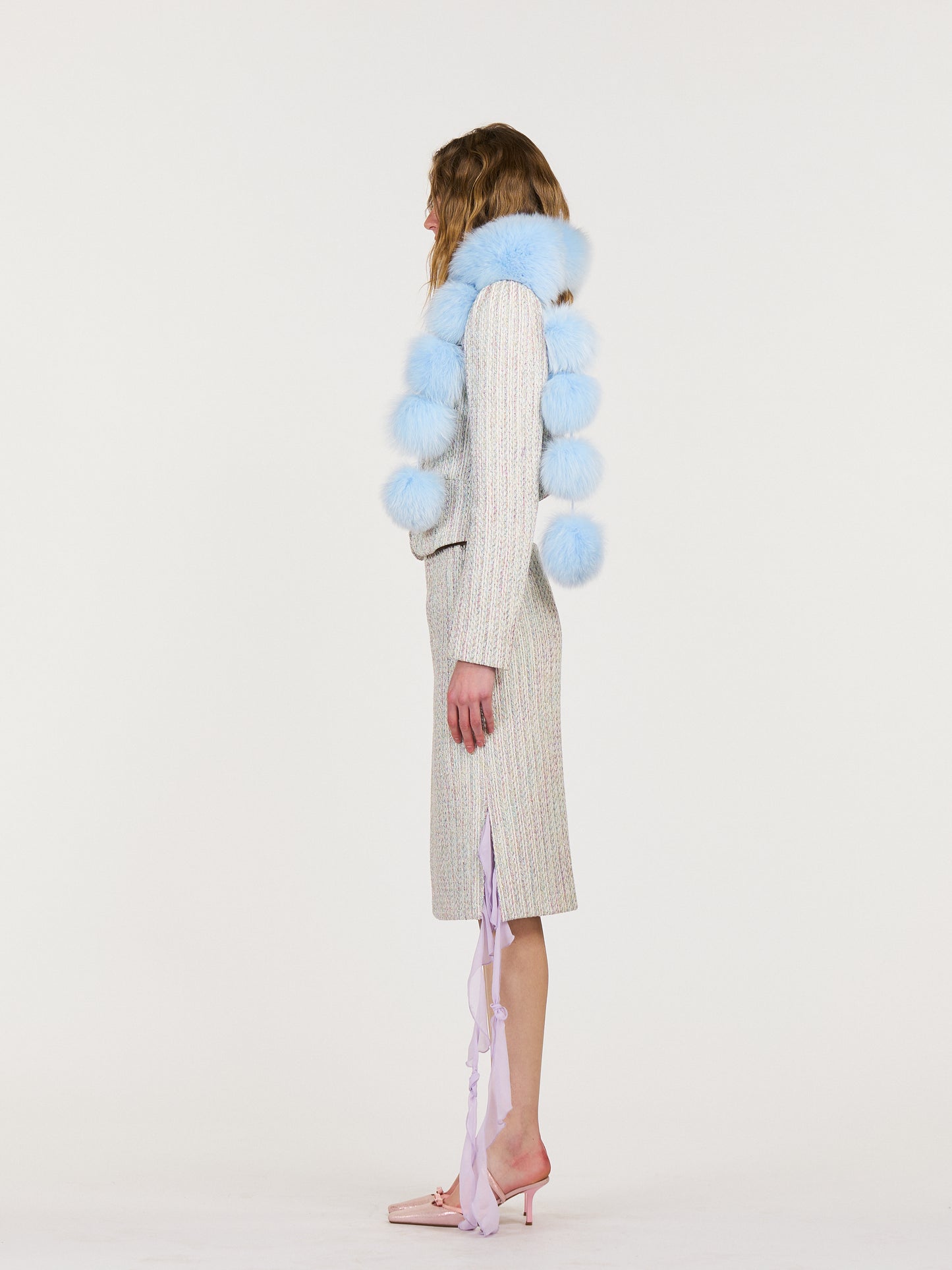 Bette Dreamy Pom-Pom Fur Scarf in Blue