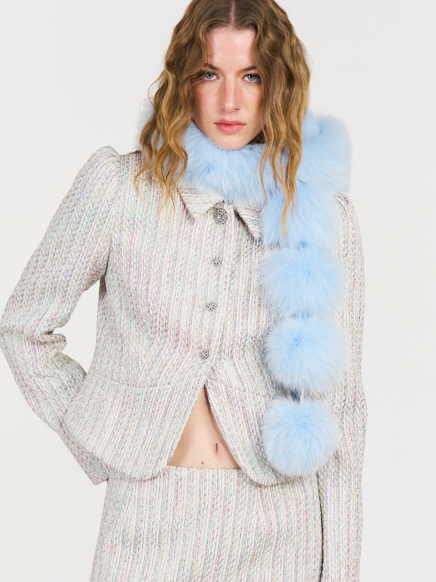 Bette Dreamy Pom-Pom Fur Scarf in Blue