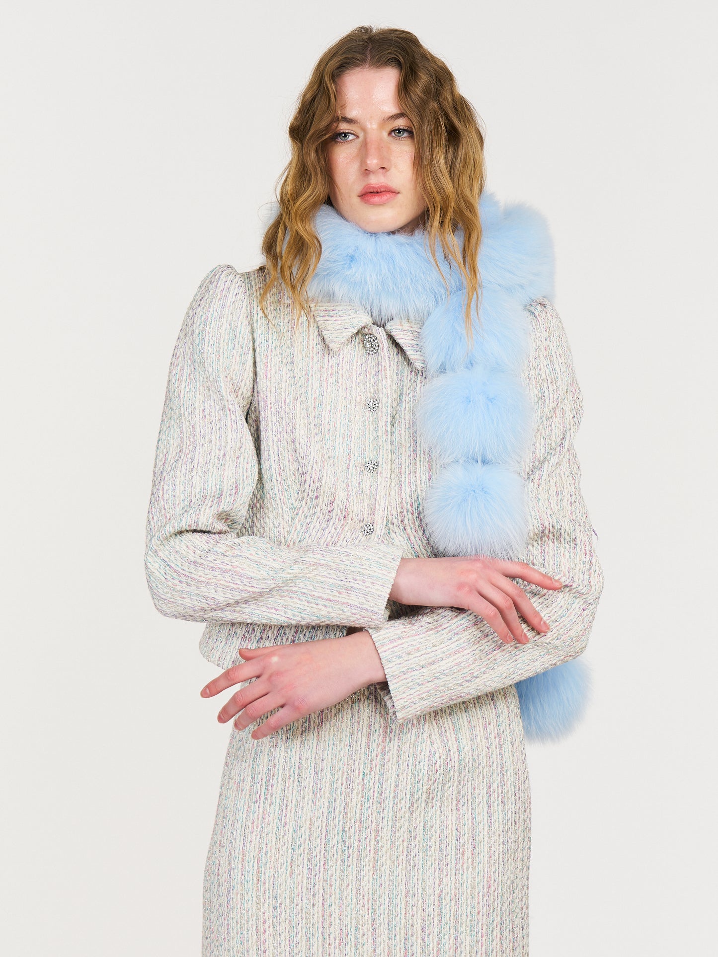 Bette Dreamy Pom-Pom Fur Scarf in Blue