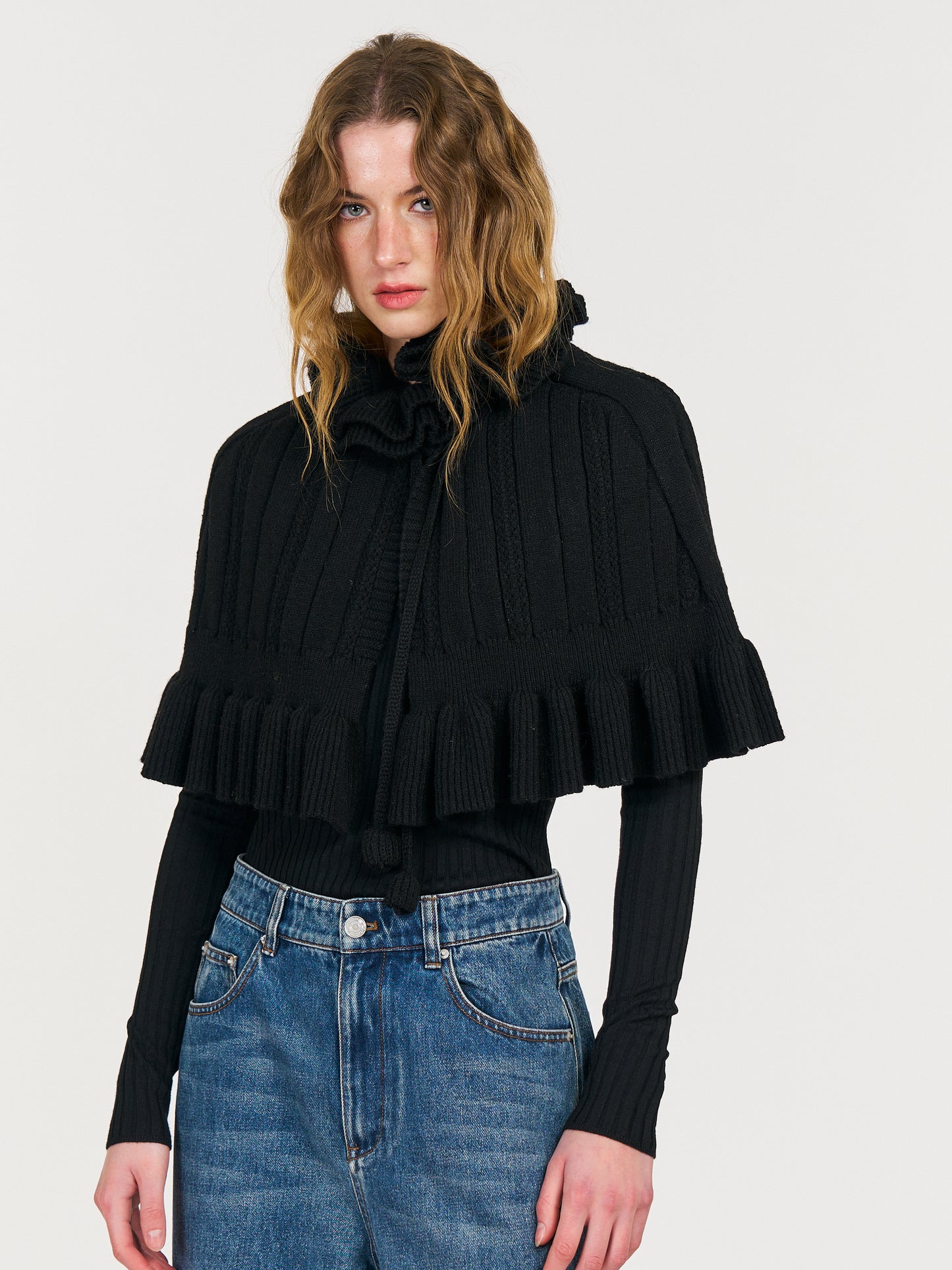 Duole Wool Shawl Top Set in Black