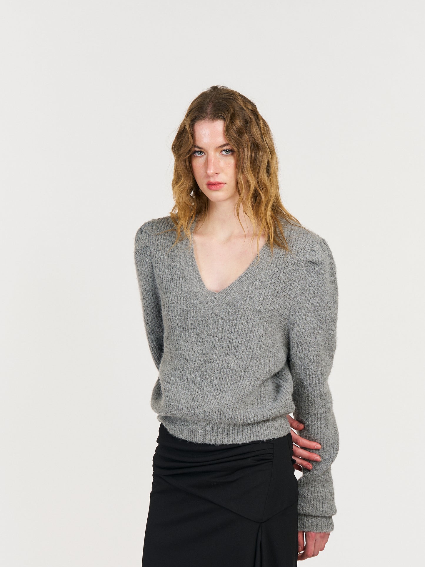 Blaire V-neck Knit Sweater in Gray