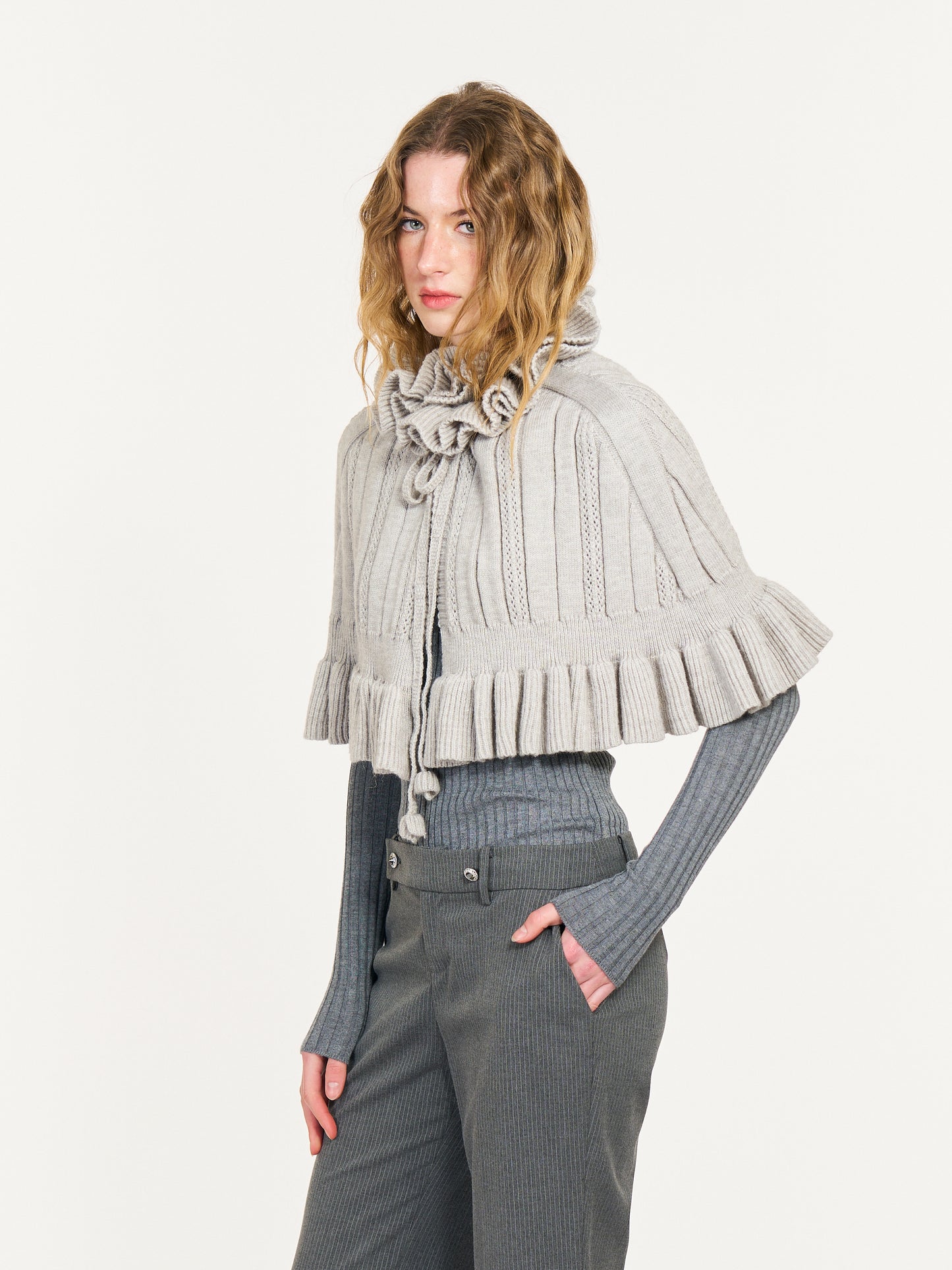 Duole Wool Shawl Top Set in Gray