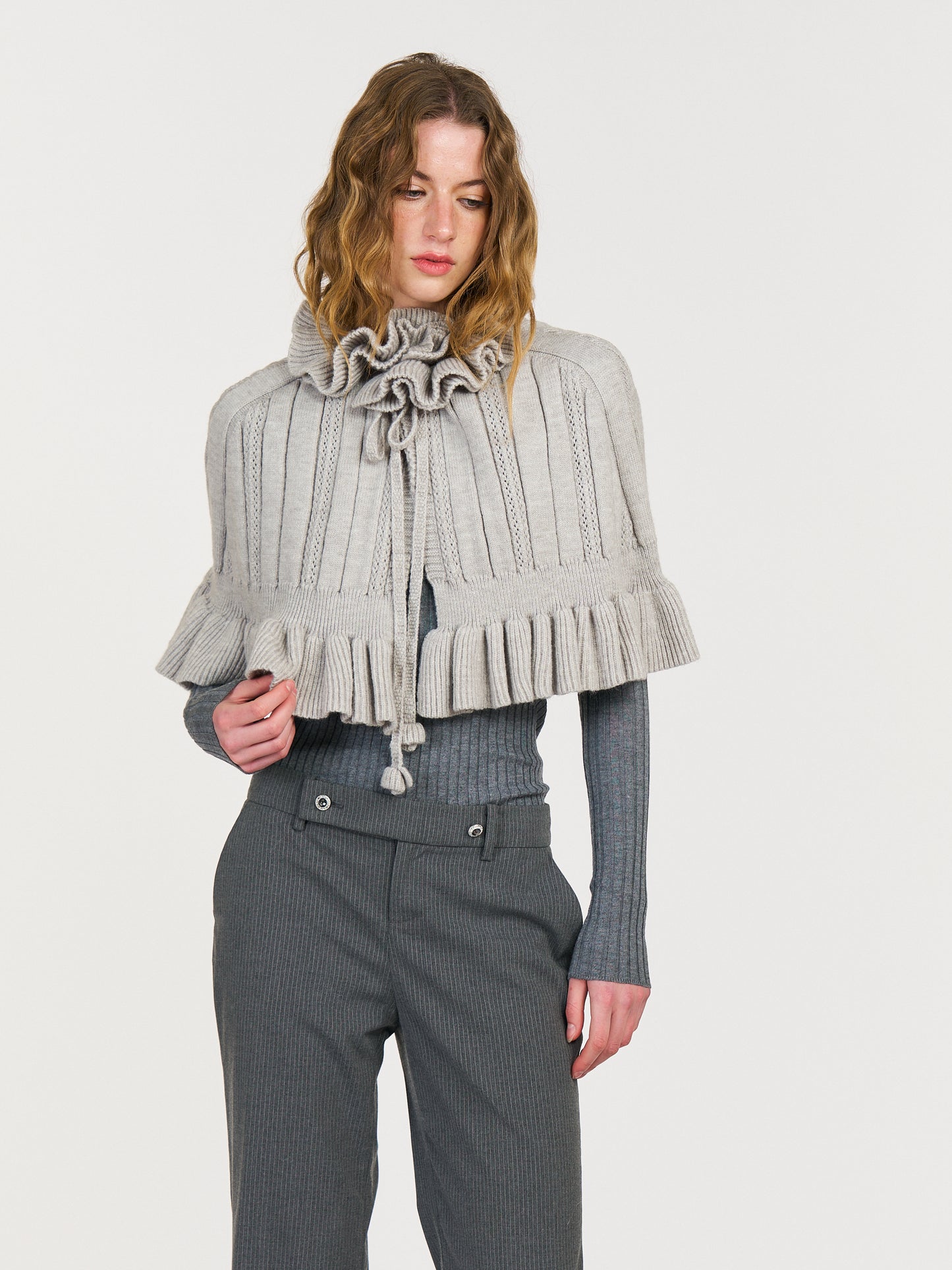 Duole Wool Shawl Top Set in Gray