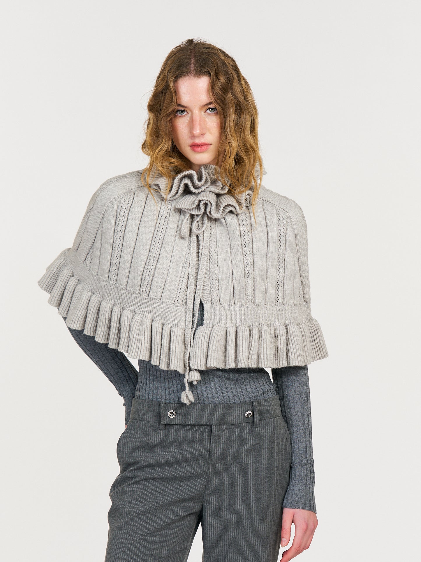 Duole Wool Shawl Top Set in Gray