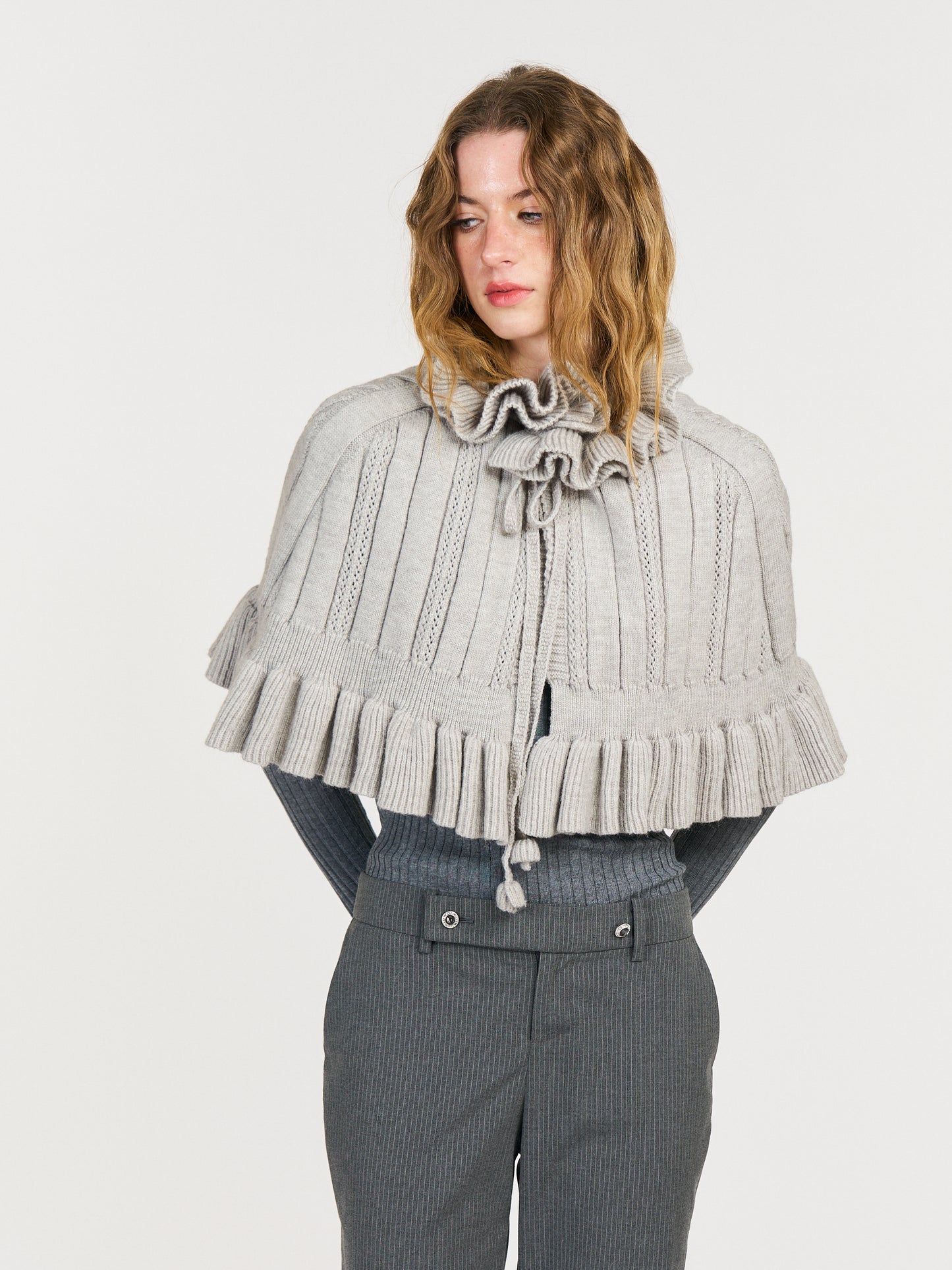 Duole Wool Shawl Top Set in Gray