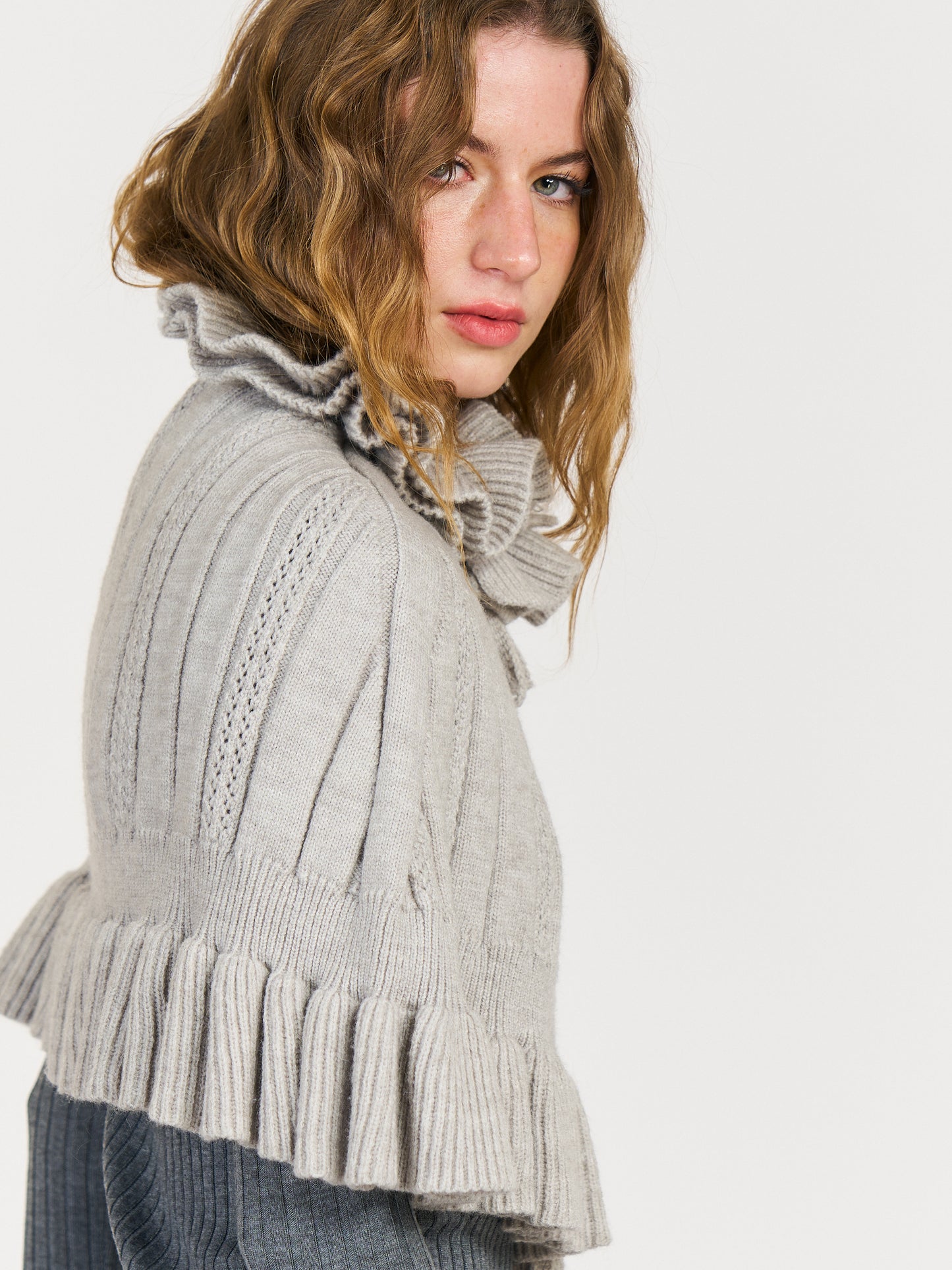 Duole Wool Shawl Top Set in Gray