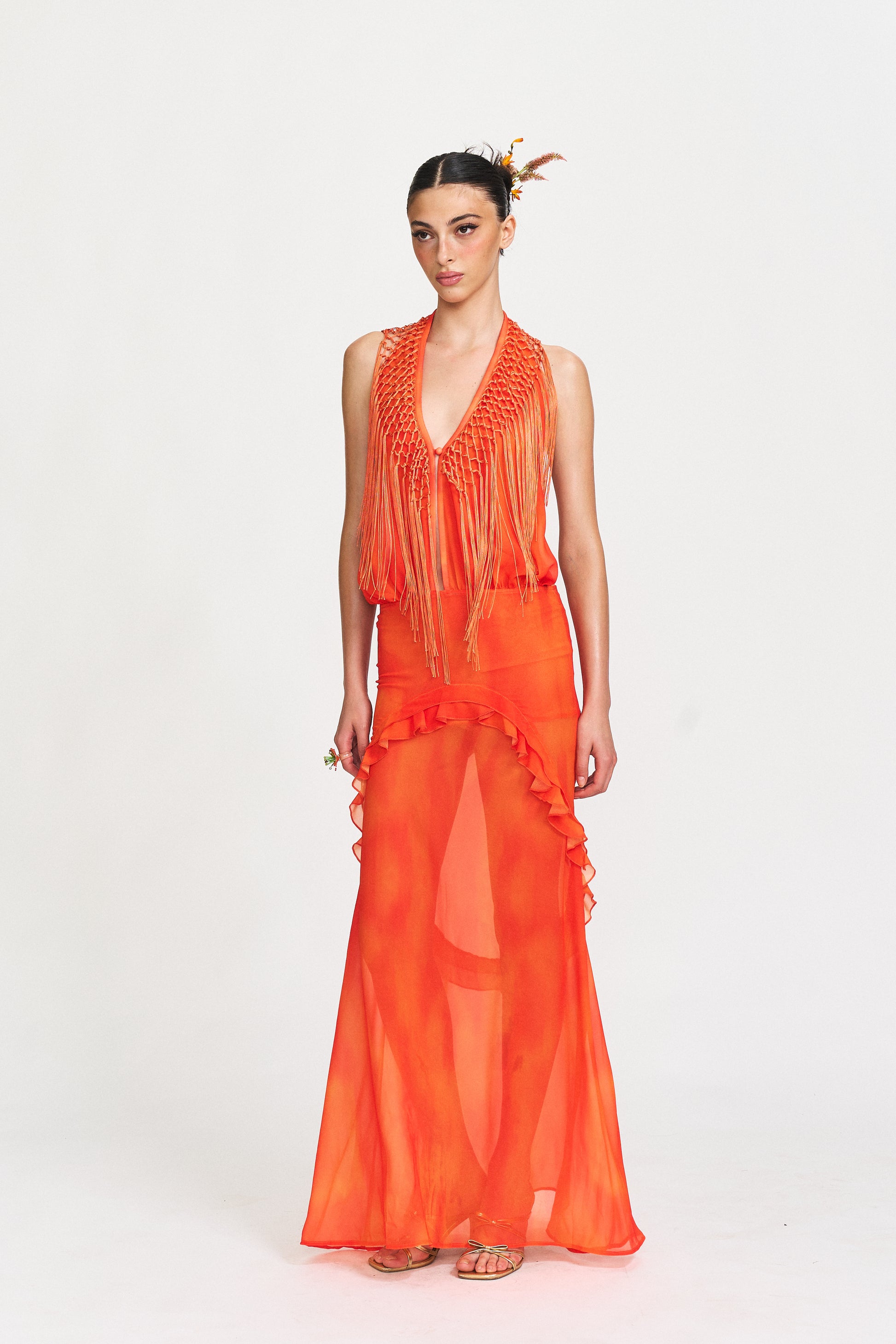 Ula Sunset Fringe Halter Dress in Coral Flame S Ula Sunset Fringe Halter Dress in Coral Flame S