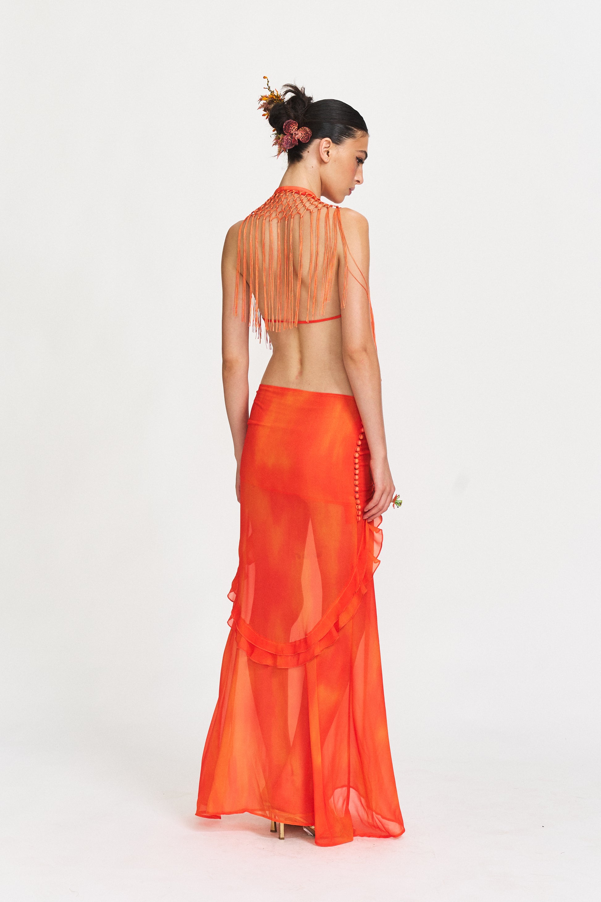Ula Sunset Fringe Halter Dress in Coral Flame S Ula Sunset Fringe Halter Dress in Coral Flame S