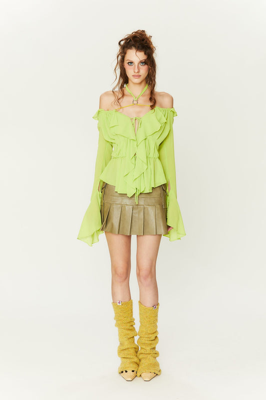Abby Romantic Chiffon Blouse in Olive Green
