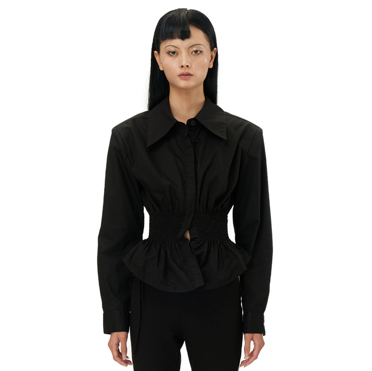 Coana Shirred Waist Poplin Shirt in Black