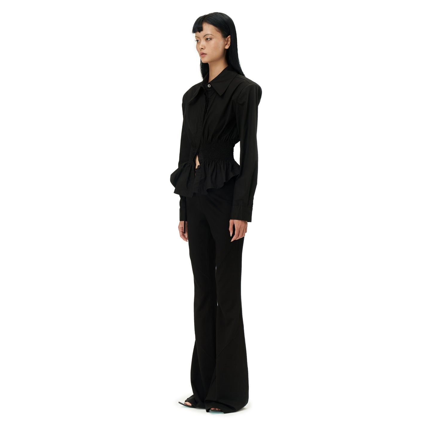 Coana Shirred Waist Poplin Shirt in Black
