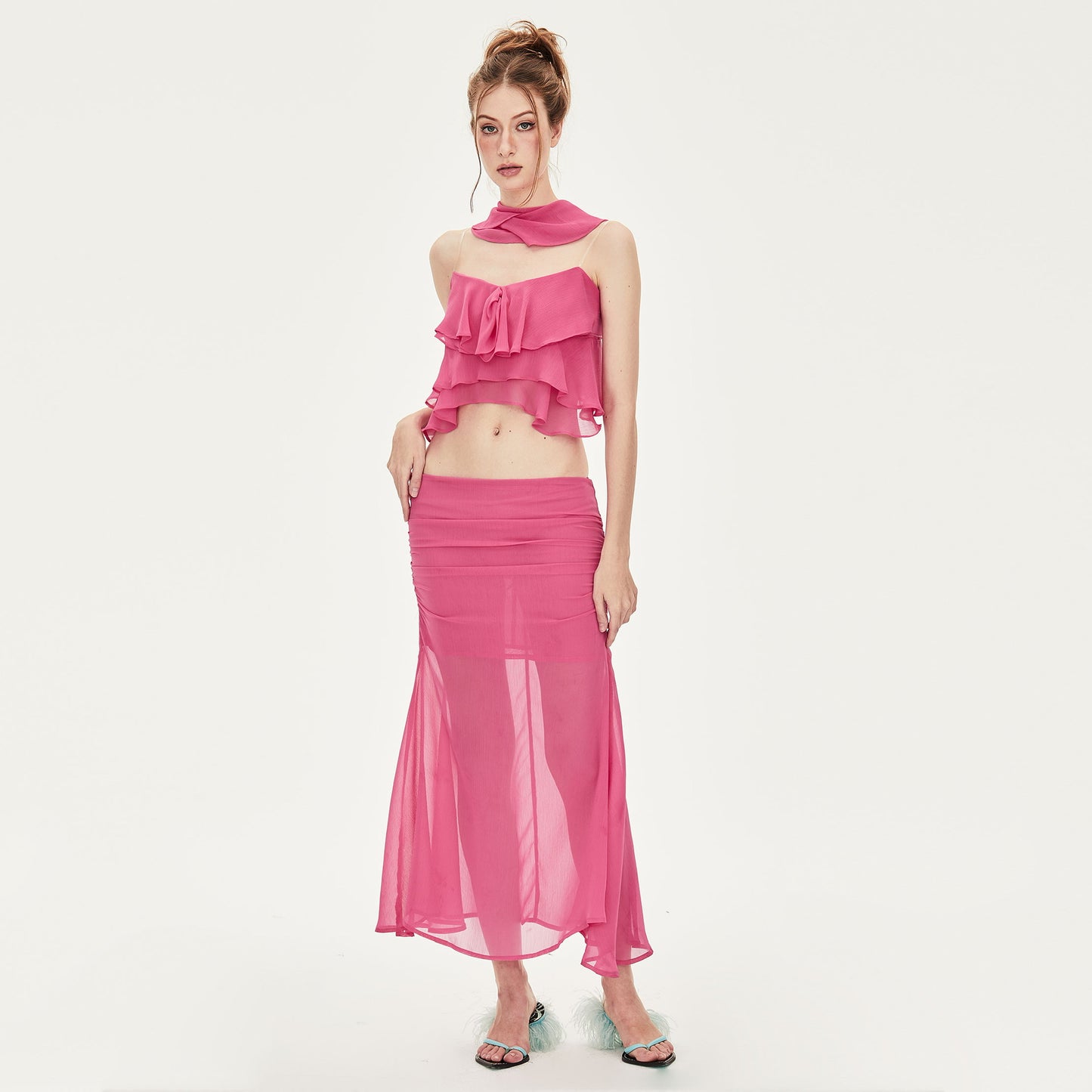 Avril Ruffled Chiffon Sleeveless Top in Pink