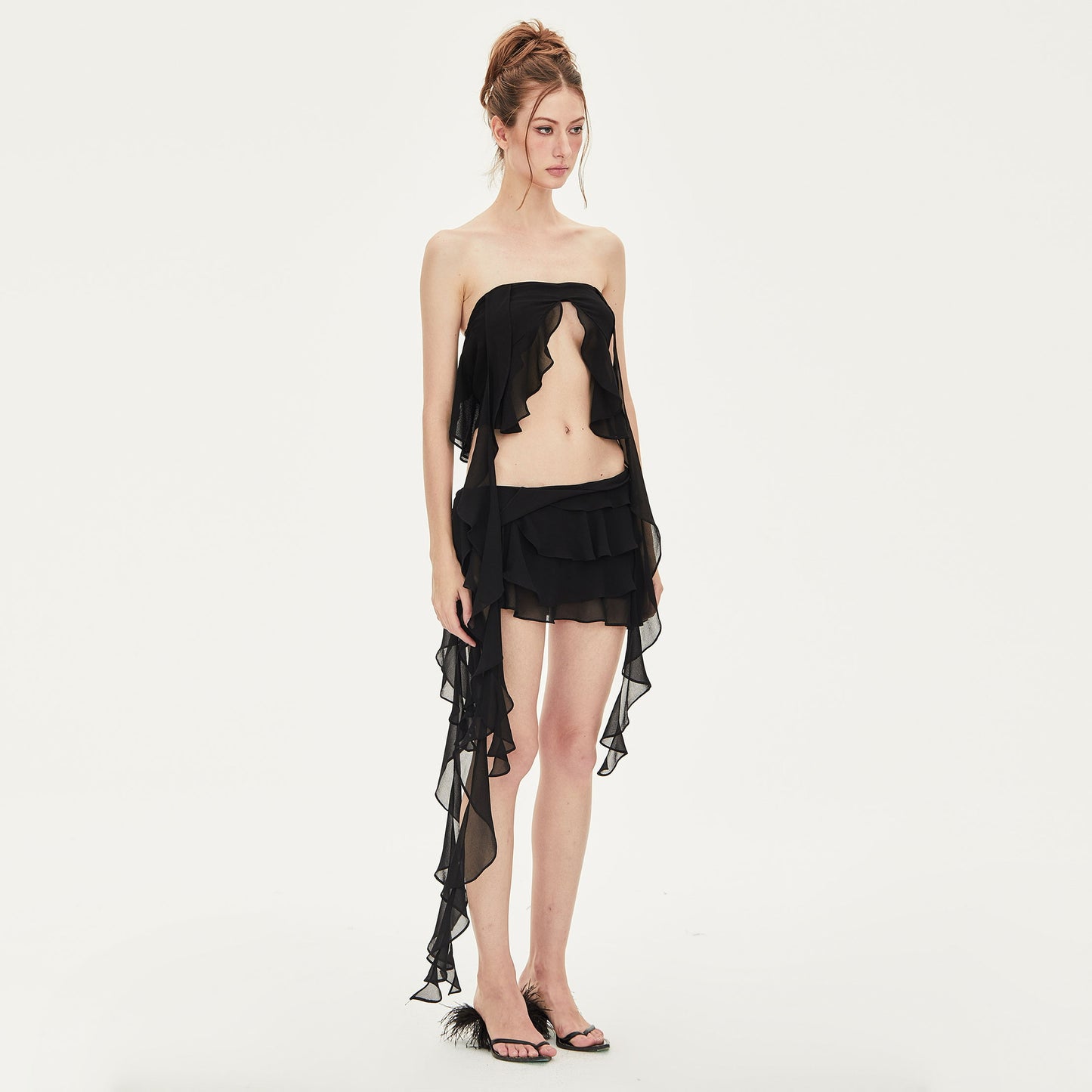 Elise Ruffled Chiffon Mini Skirt in Black