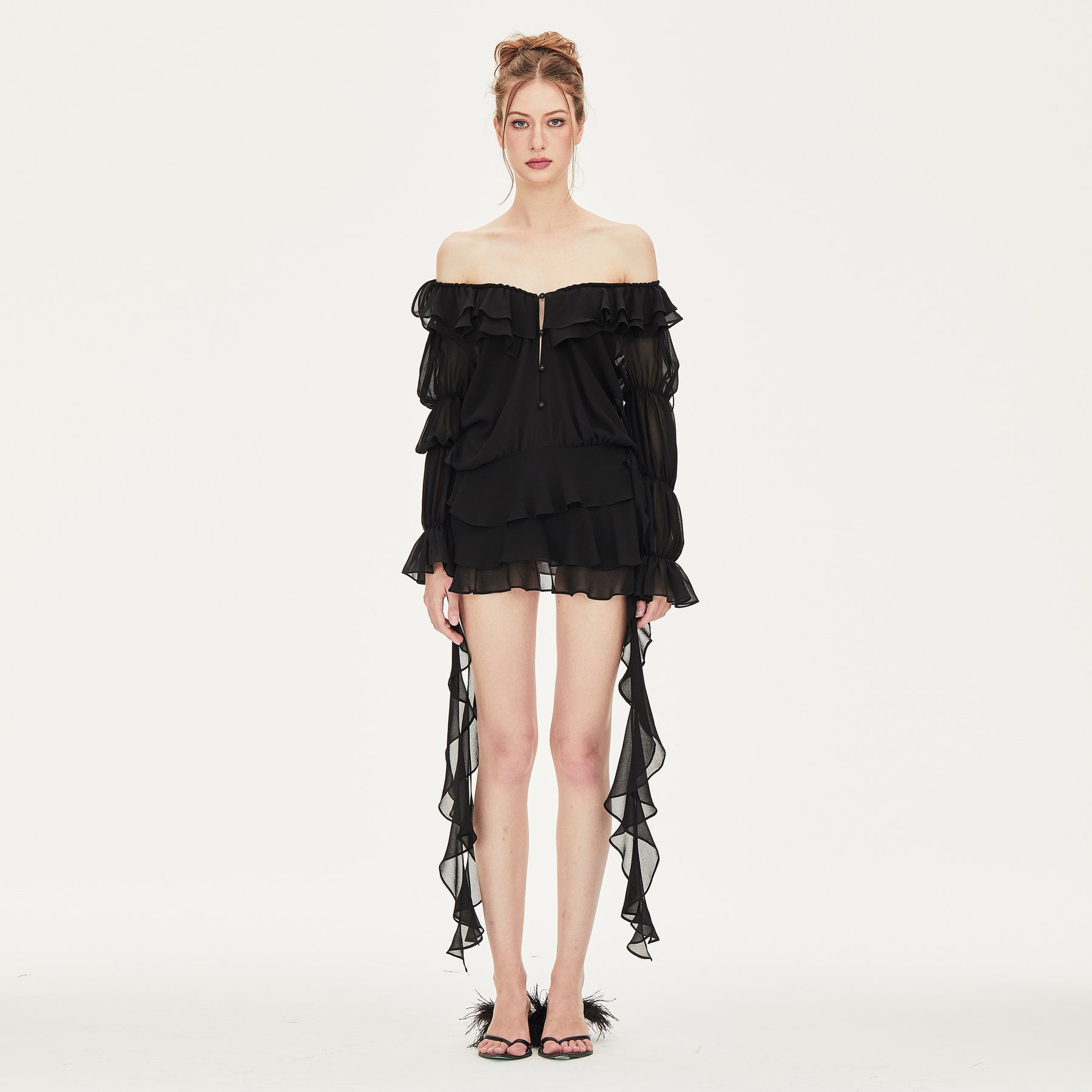 Lexi Off-shoulder Chiffon Mini Dress in Black