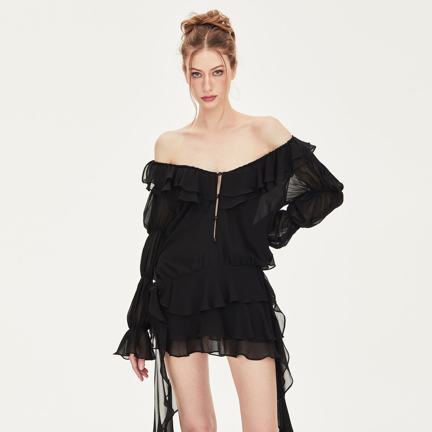 Lexi Off-shoulder Chiffon Mini Dress in Black