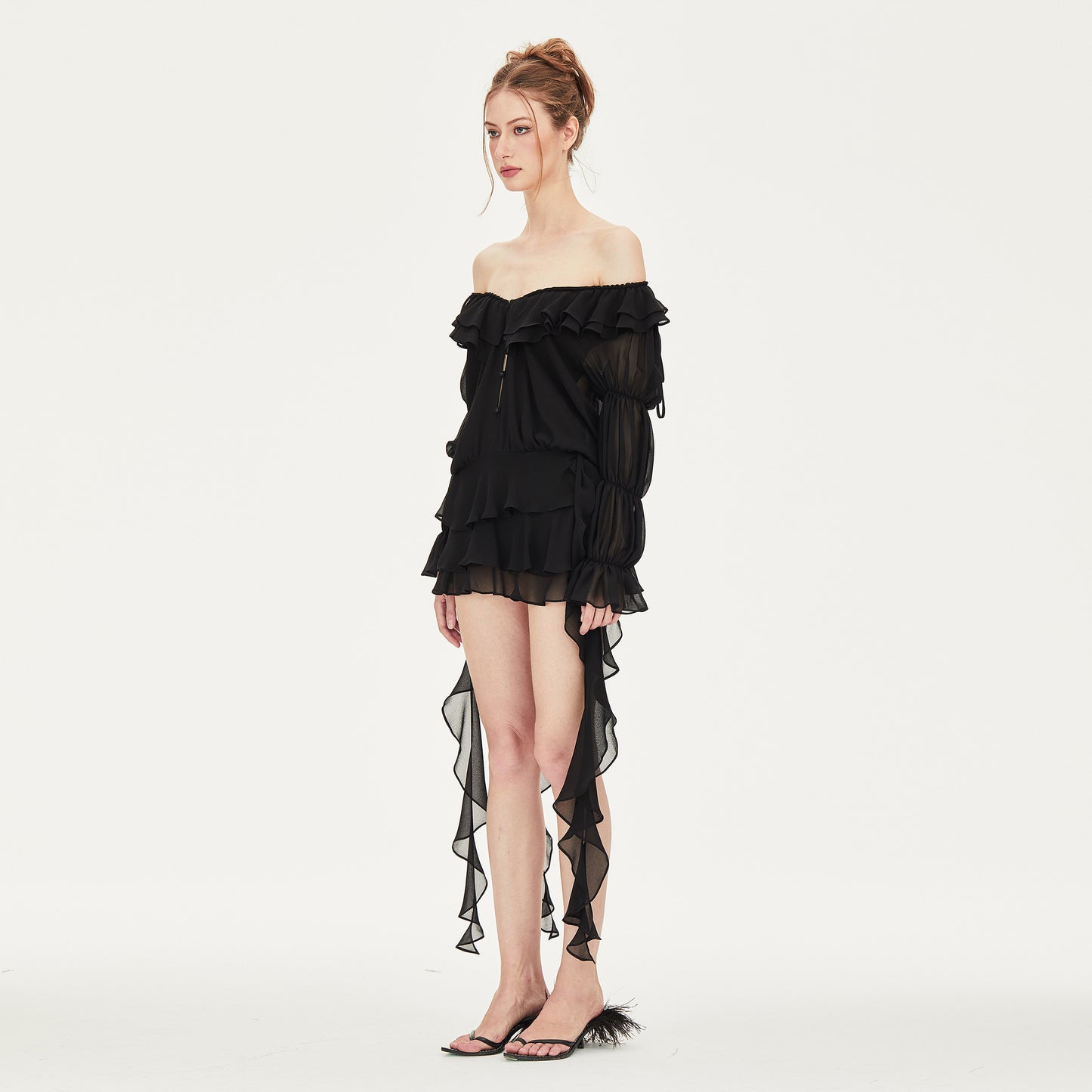 Lexi Off-shoulder Chiffon Mini Dress in Black