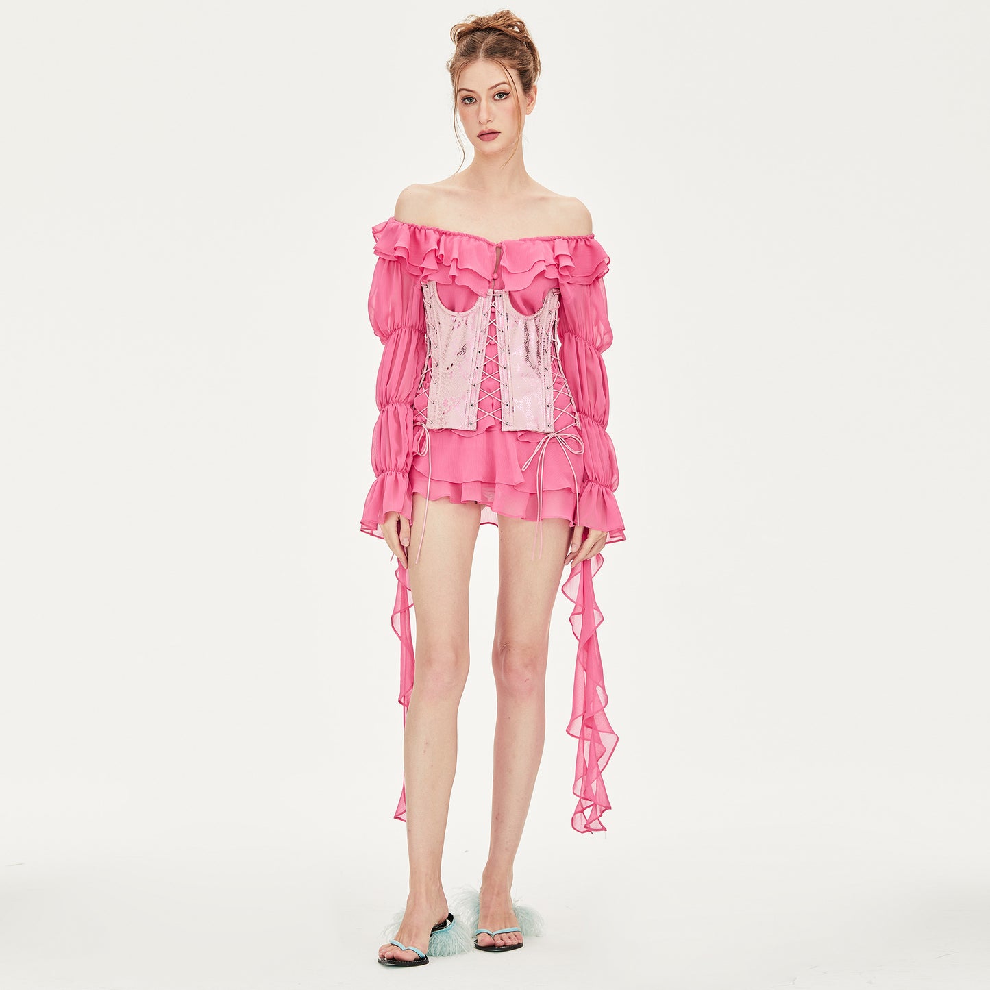 Lexi Off-shoulder Chiffon Mini Dress in Pink