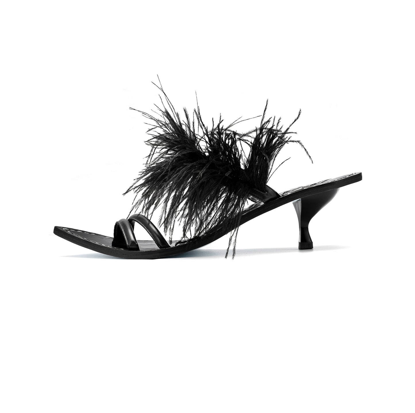 Hisoka Ostrich Feathers -trimmed Leather Mules in Black