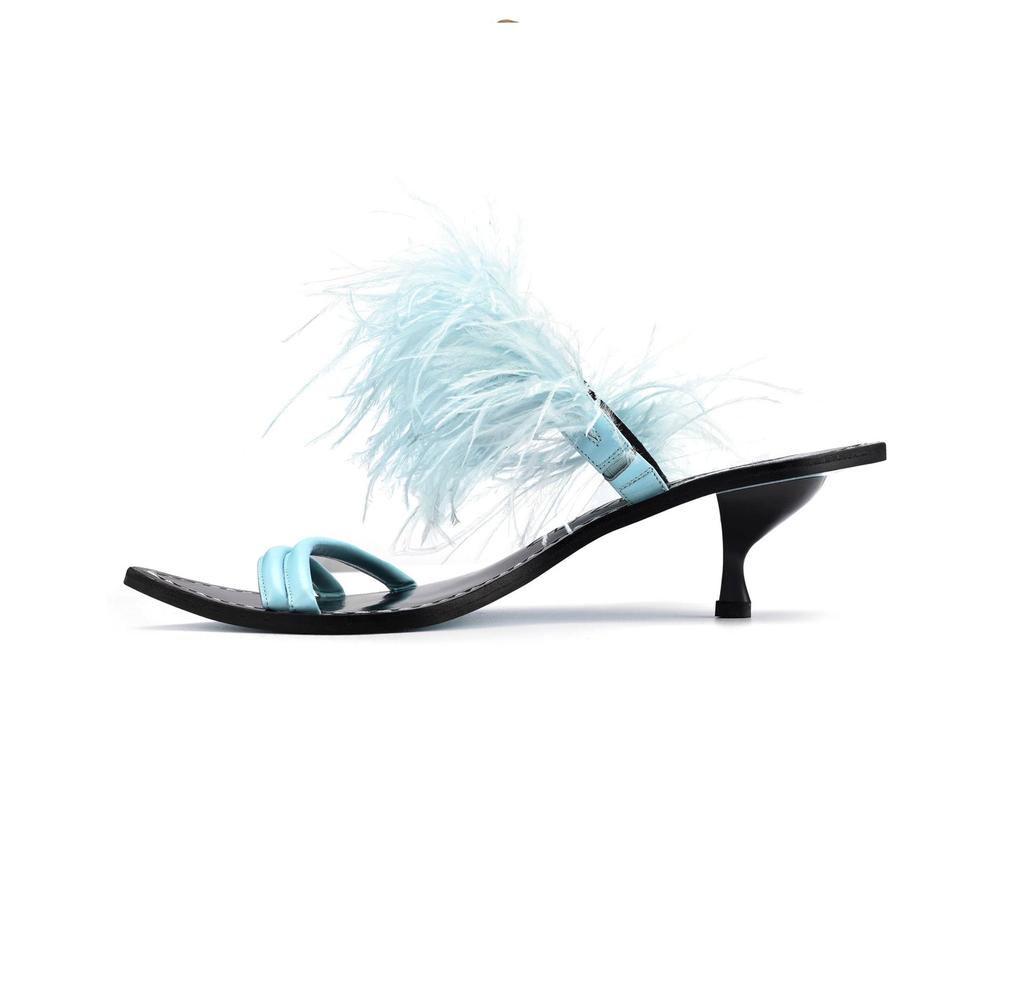 Hisoka Ostrich Feathers -trimmed Leather Mules in Blue