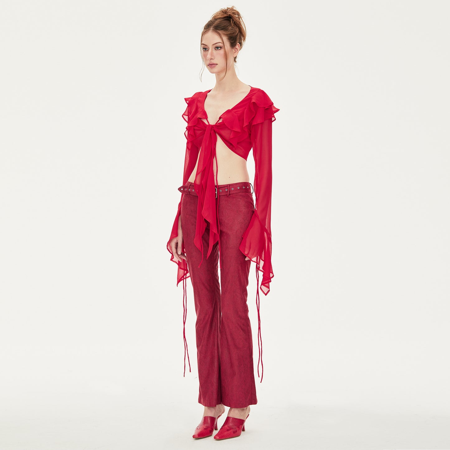 Kelly V-neck Ruffled Chiffon Crop Blouse in Red
