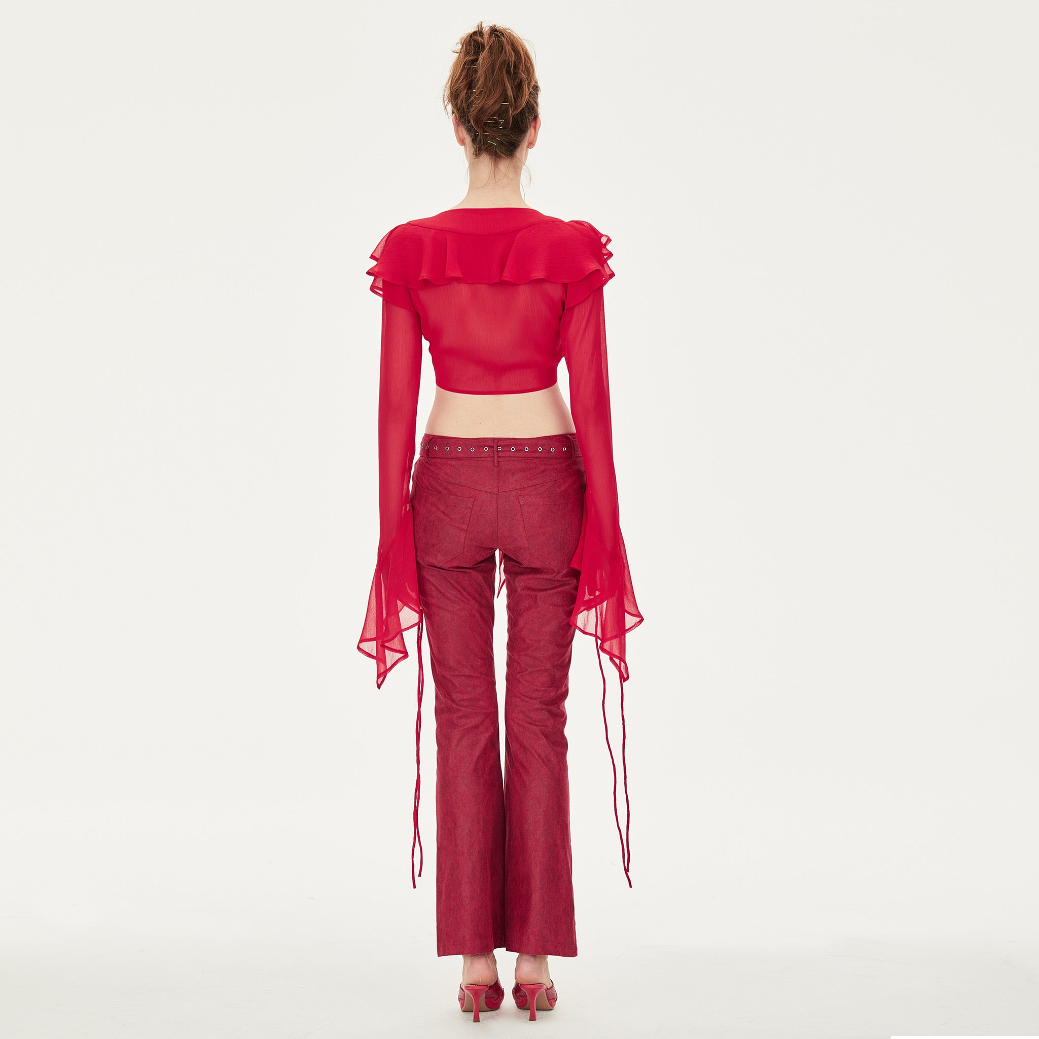 Kelly V-neck Ruffled Chiffon Crop Blouse in Red