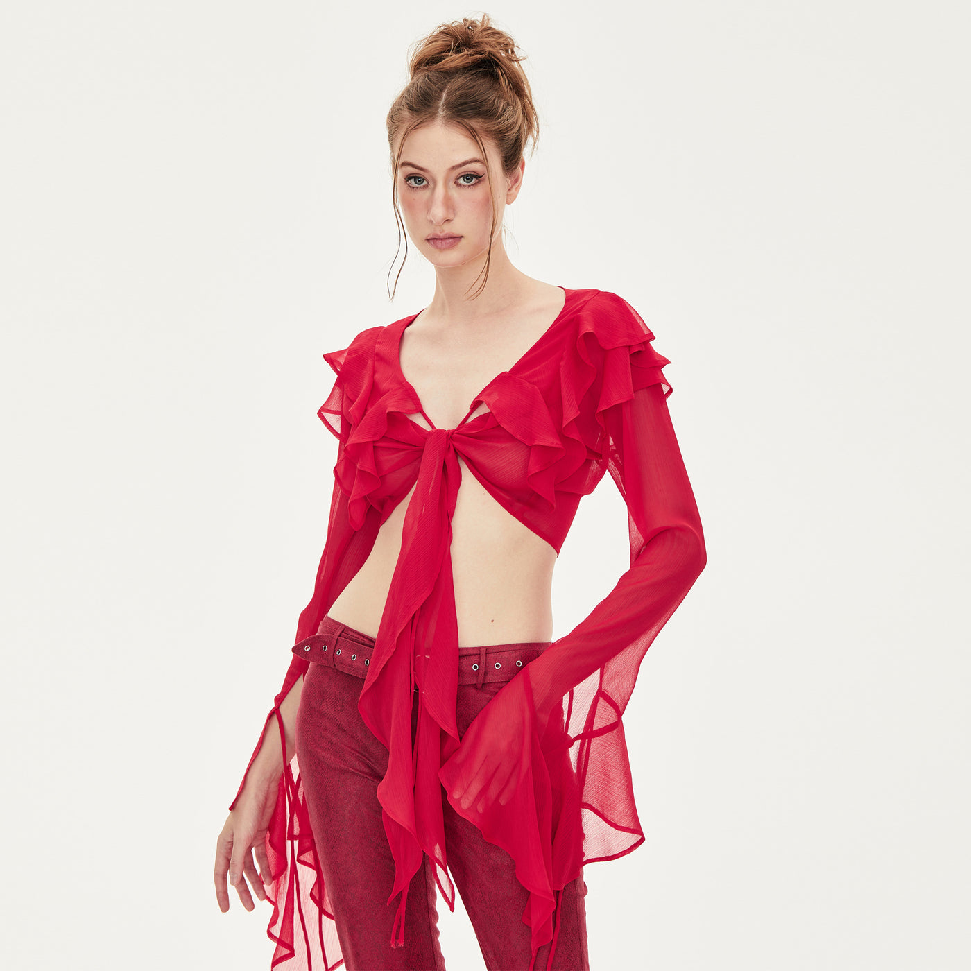 Kelly V-neck Ruffled Chiffon Crop Blouse in Red – Pann