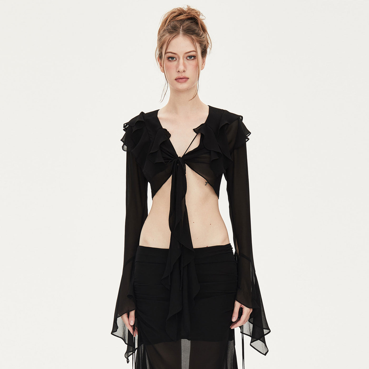 Kelly V-neck Ruffled Chiffon Crop Blouse in Black